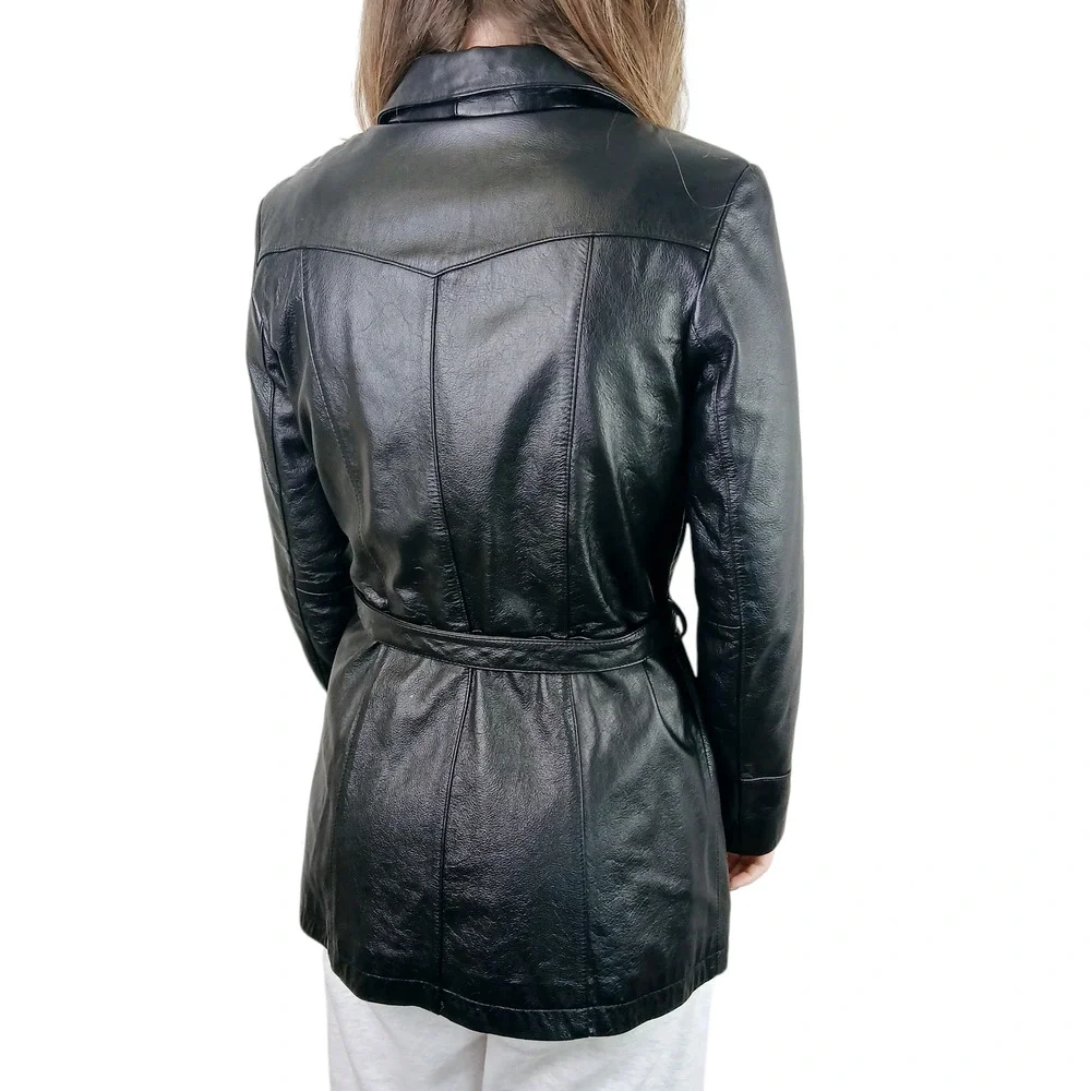 Colebrook SZ M 90's Y2K Genuine Leather Jacket Tie Waist Black